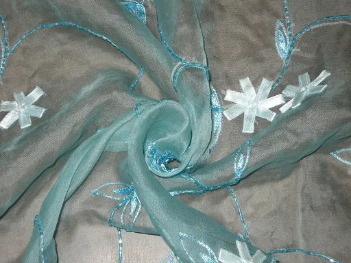 100 % SILK ORGANZA FABRIC Blue COLOUR EMBROIDERED 44" wide [3211]
