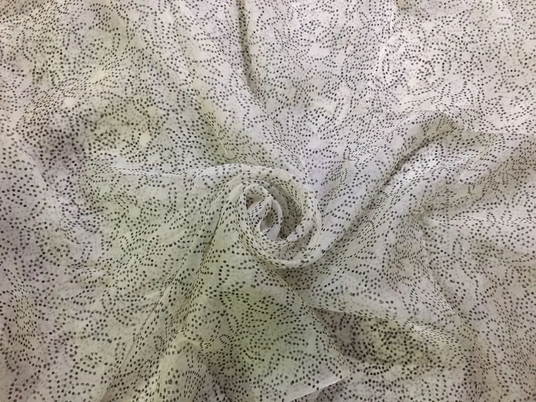 100% silk organza printed dotted design ivory and black fabric 44&quot; wide