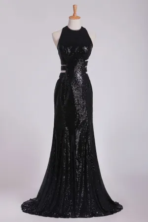 2024 Column Prom Dresses Scoop Floor Length Sequined Bodice Open Back