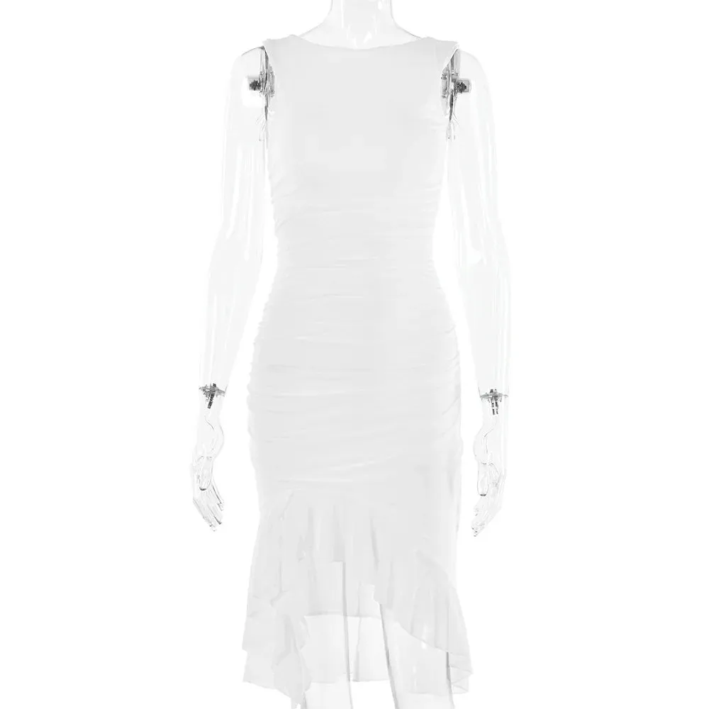 2024 Women Mesh Ruffles Ruched Club Party Dresses Midi Robe Femme Backless Sleeveless Sexy Dress