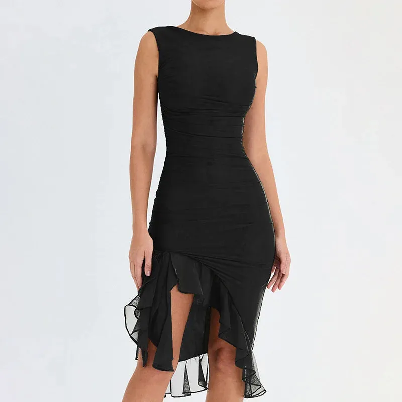2024 Women Mesh Ruffles Ruched Club Party Dresses Midi Robe Femme Backless Sleeveless Sexy Dress