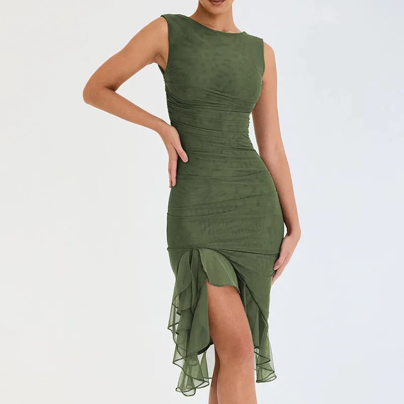 2024 Women Mesh Ruffles Ruched Club Party Dresses Midi Robe Femme Backless Sleeveless Sexy Dress