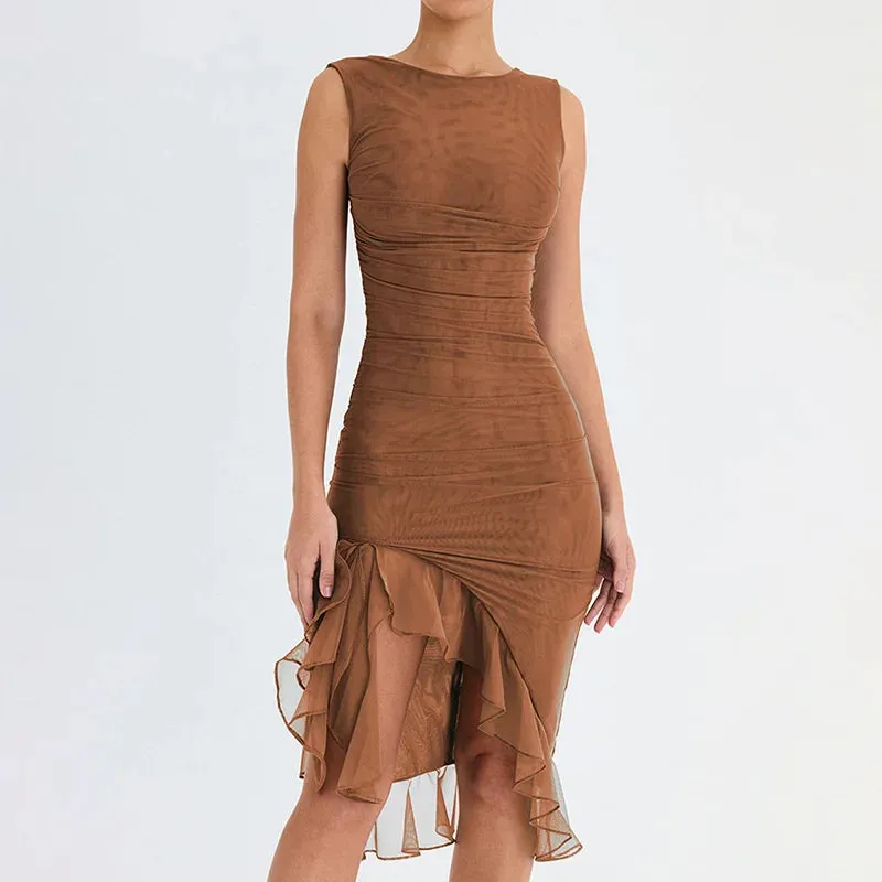 2024 Women Mesh Ruffles Ruched Club Party Dresses Midi Robe Femme Backless Sleeveless Sexy Dress