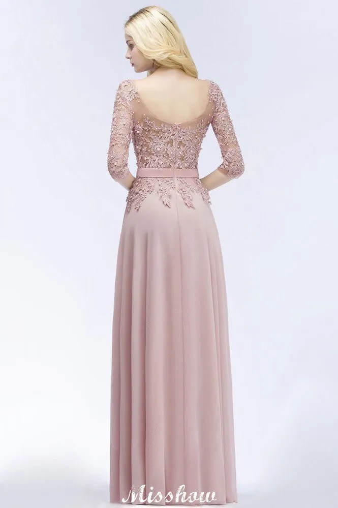 A-line Chiffon Appliques Bridesmaid Dresses Jewel Half-Sleeves Floor-Length Evening Gown with Sash