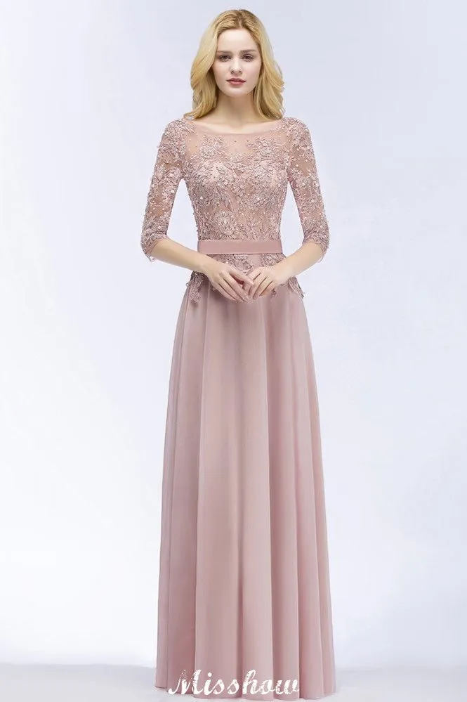 A-line Chiffon Appliques Bridesmaid Dresses Jewel Half-Sleeves Floor-Length Evening Gown with Sash