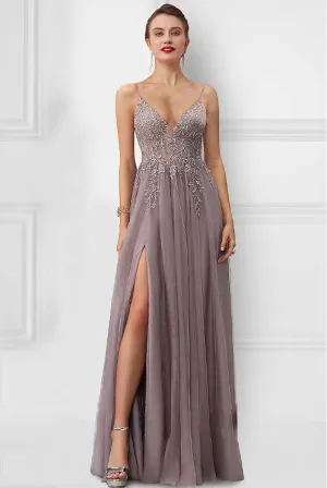 A-Line Prom Dresses Floral Dress Party Wear Floor Length Sleeveless Strap Tulle with Slit
