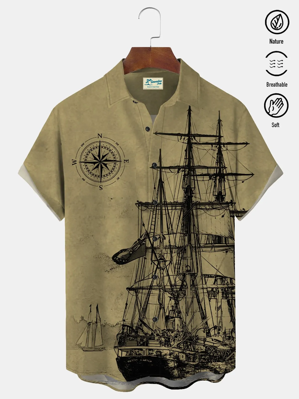 Alohadaddy Vintage Mid-Century Khaki Men's Camp Shirts Nautical Sailing Breathable Easy Care Shirts
