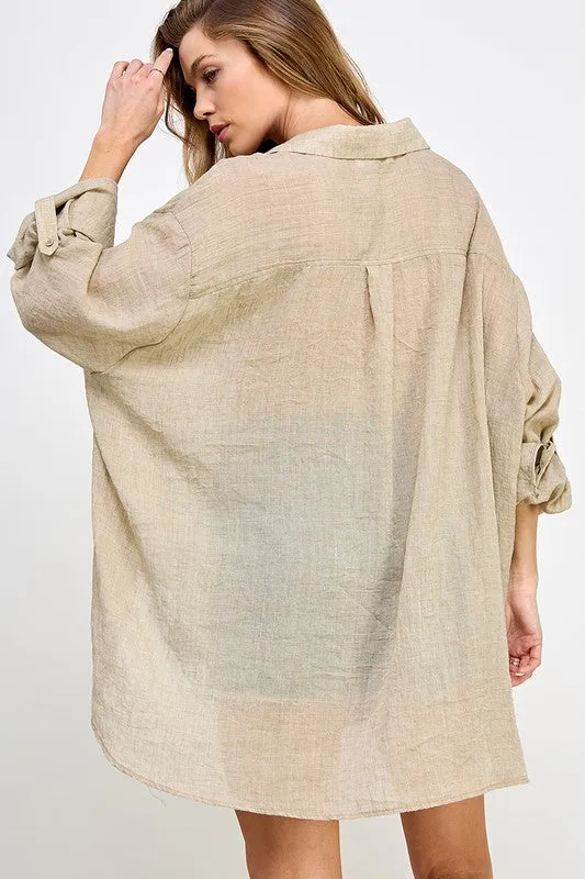 Beige See Through Button Down Shirts
