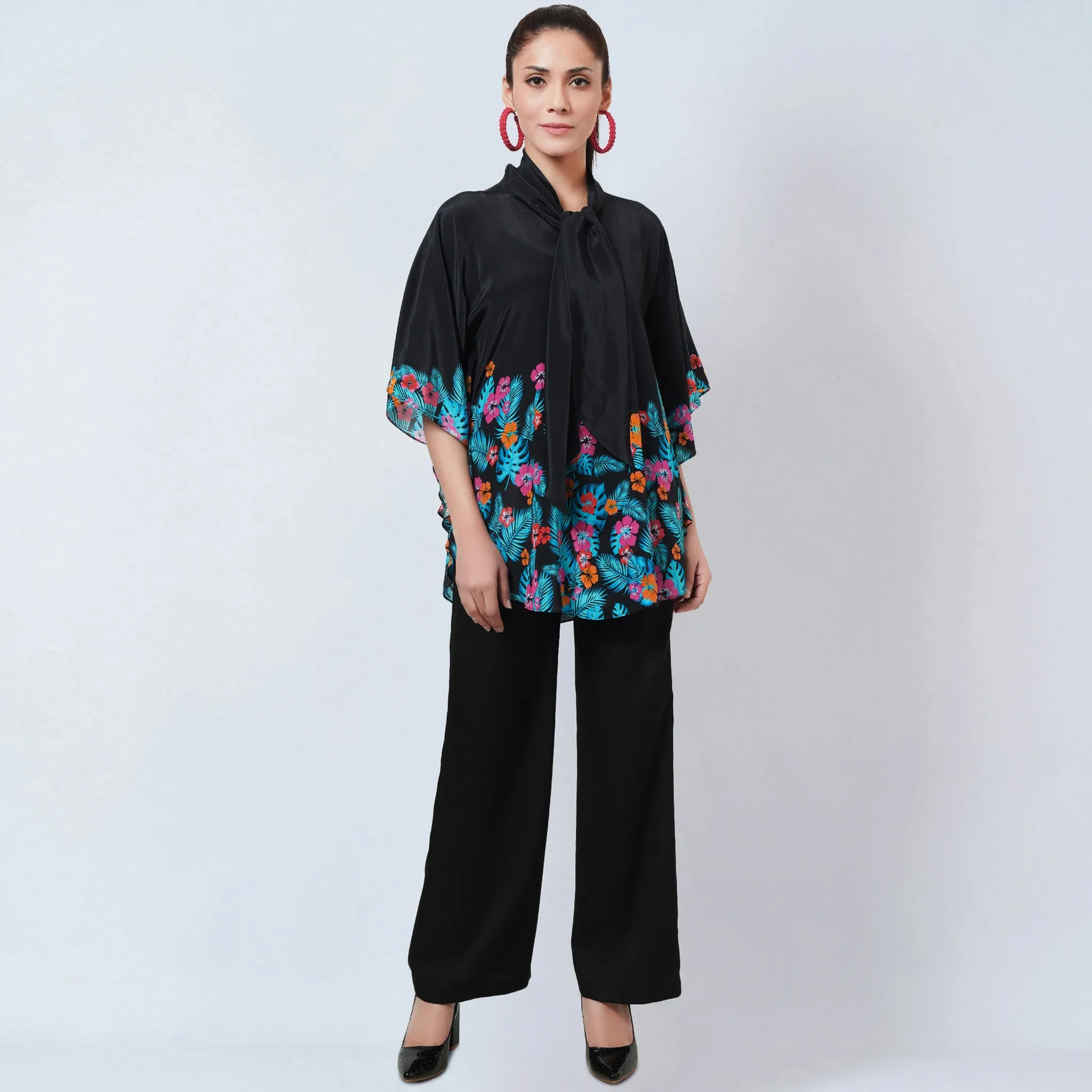 Black and Orange Floral Bow-Tie Top and Straight Pants Set