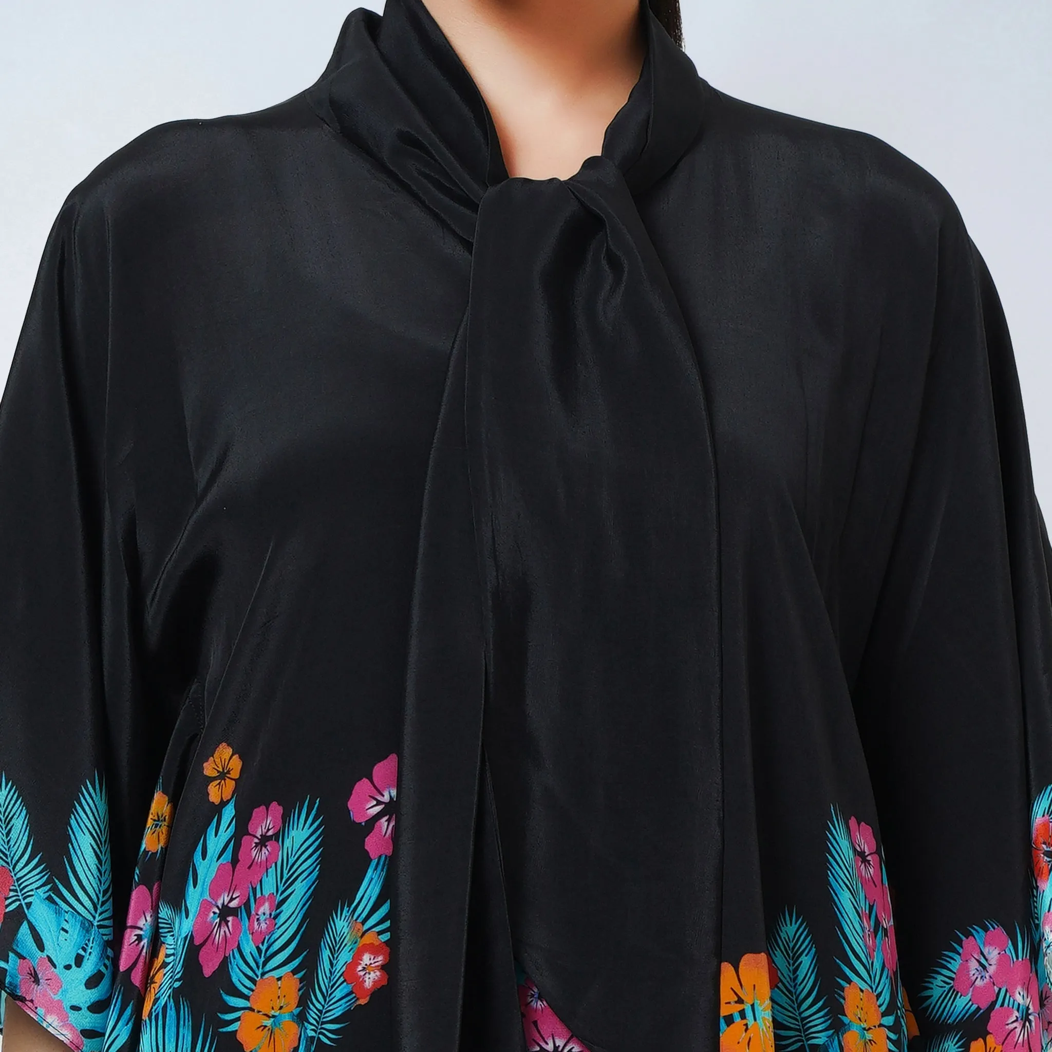 Black and Orange Floral Bow-Tie Top and Straight Pants Set