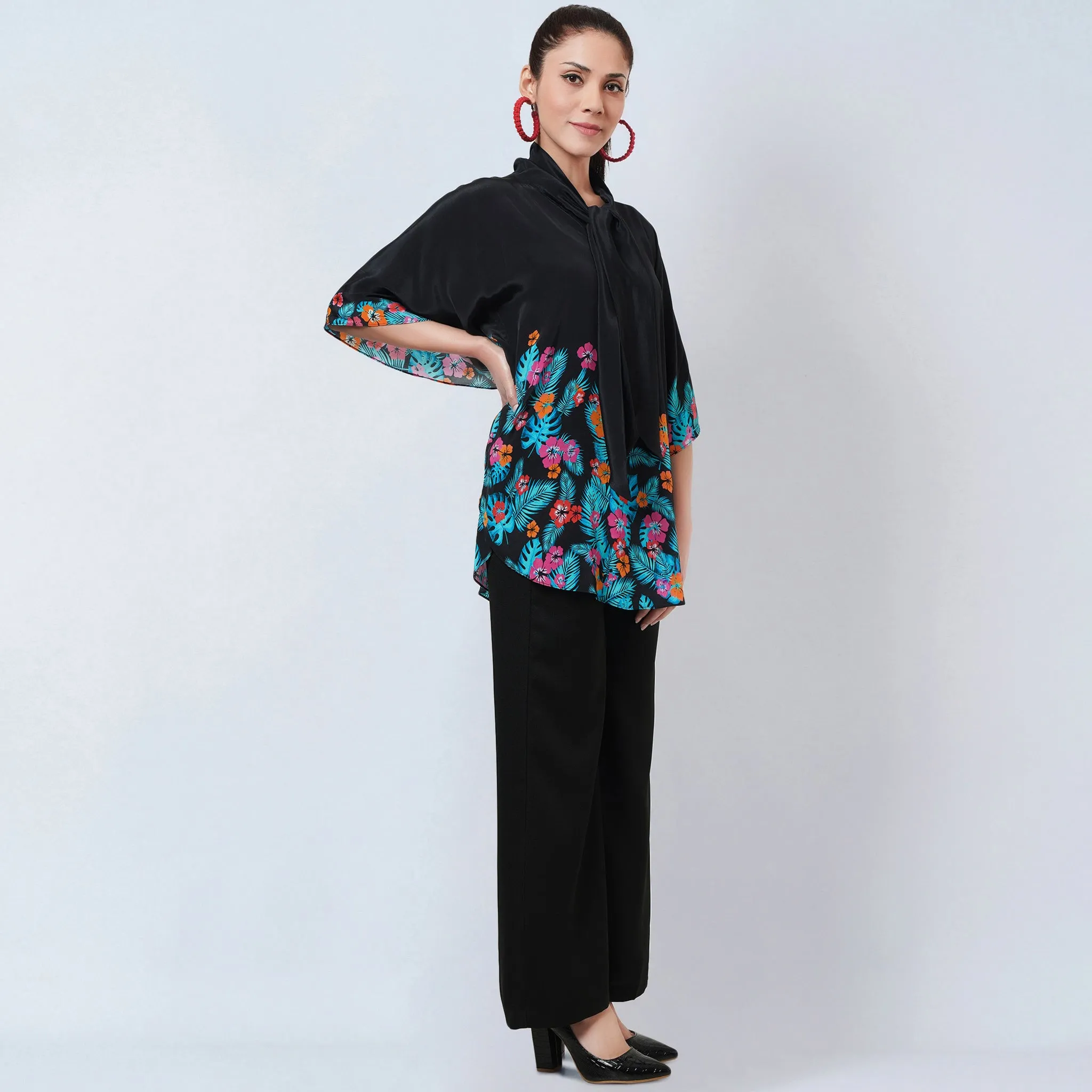 Black and Orange Floral Bow-Tie Top and Straight Pants Set