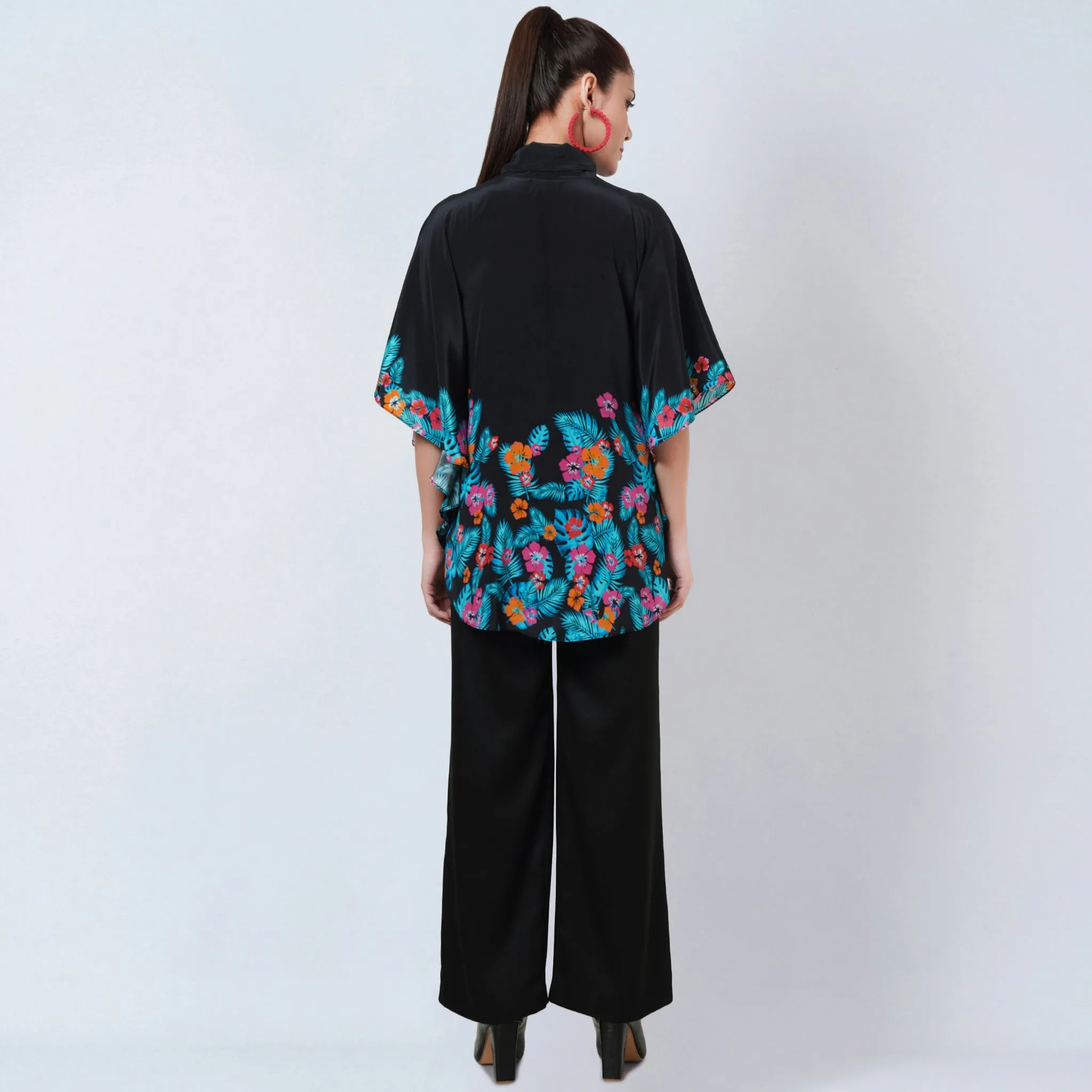 Black and Orange Floral Bow-Tie Top and Straight Pants Set