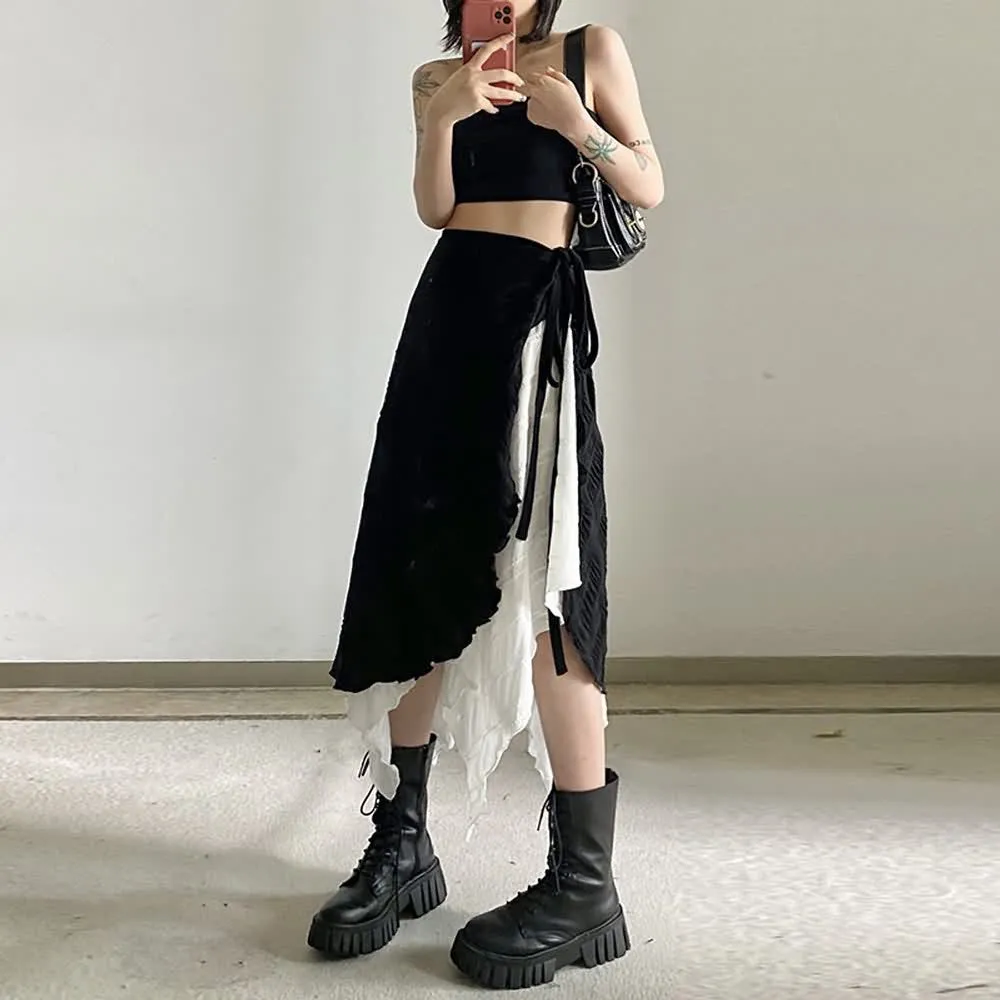 Black and White Asymmetrical Layered Midi Skirt