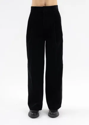 BLACK LOW-RISE CORDUROY TWO TUCKS WIDE FIT PANTS