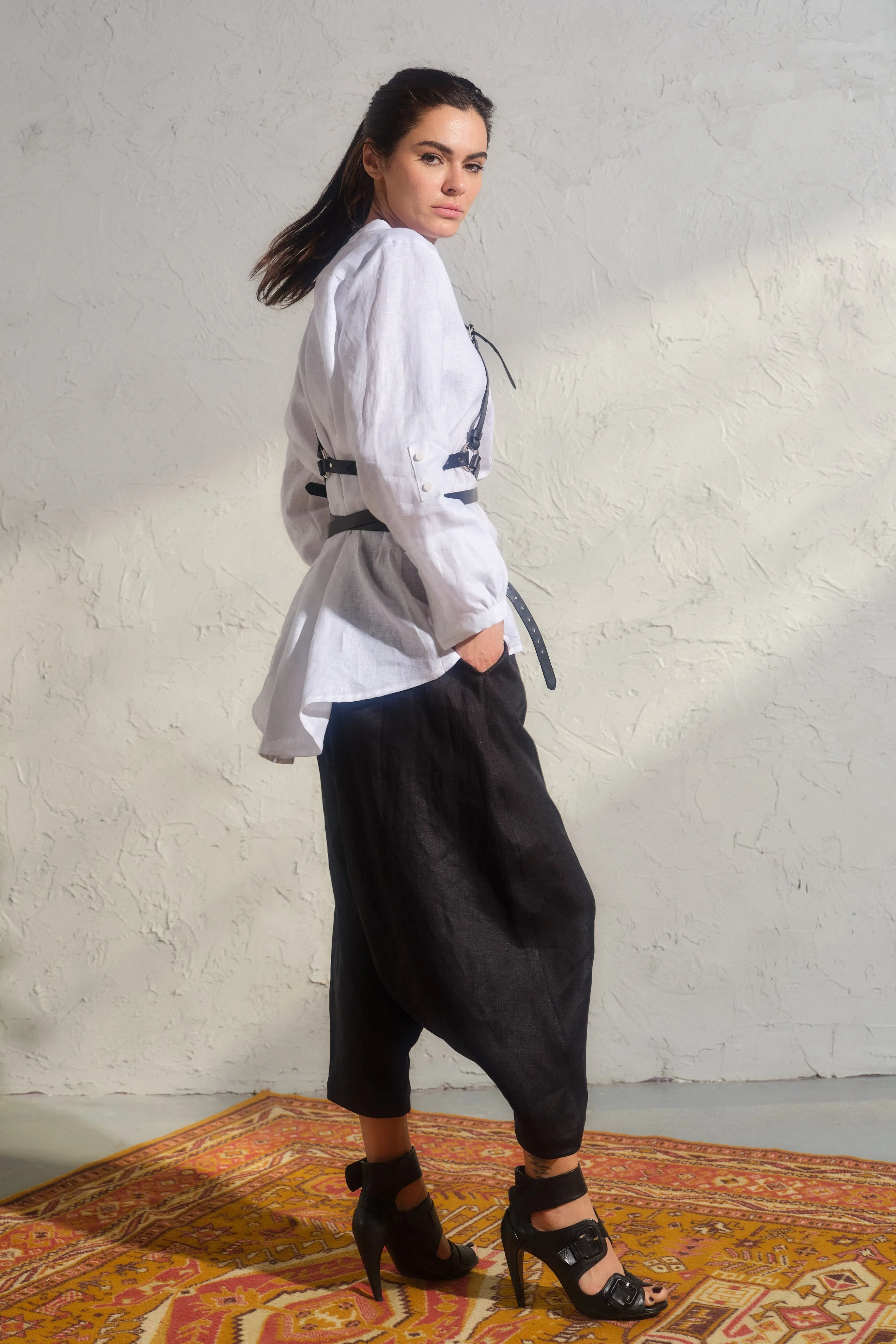 Black organic linen harem pants for women