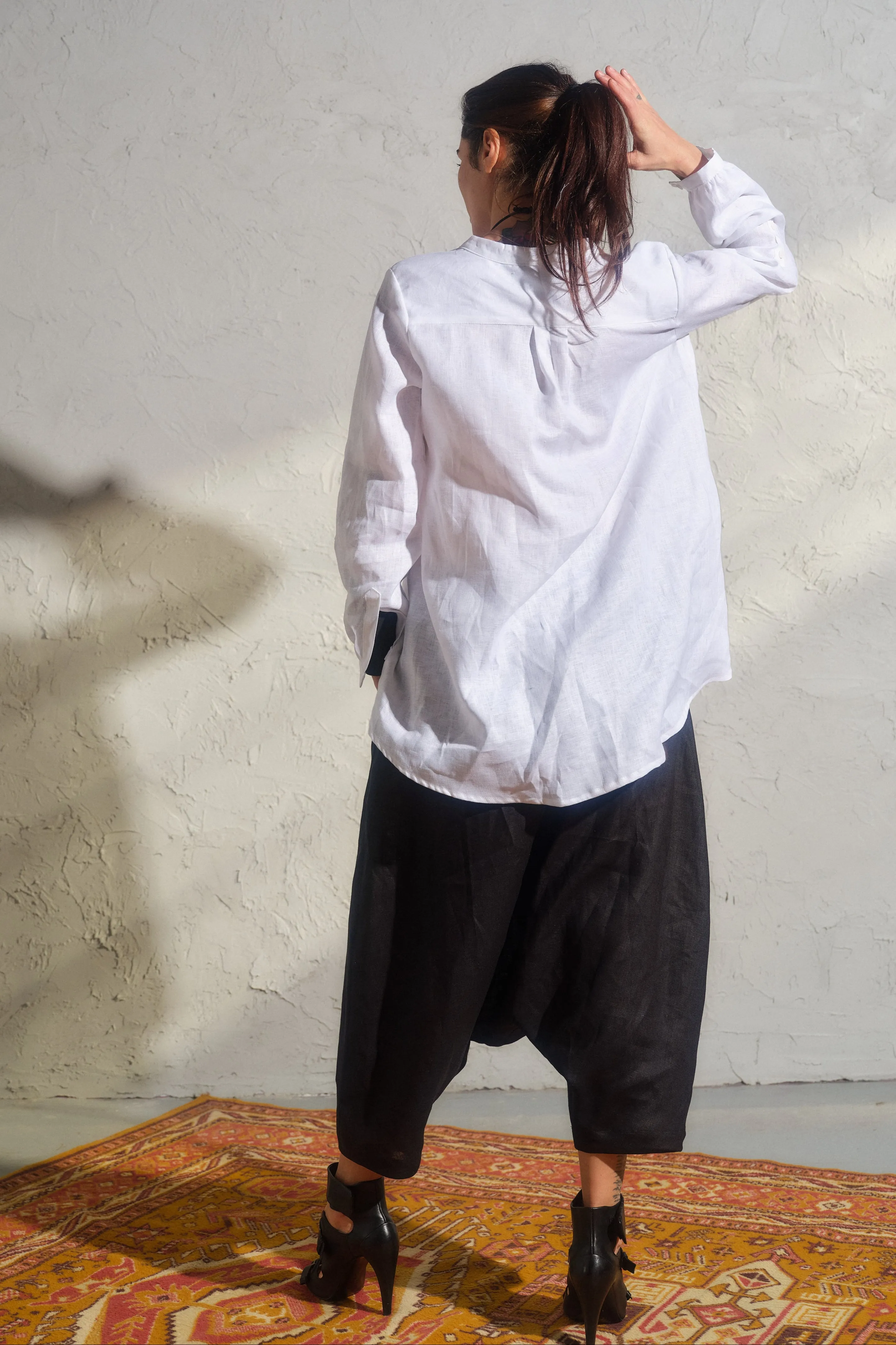 Black organic linen harem pants for women