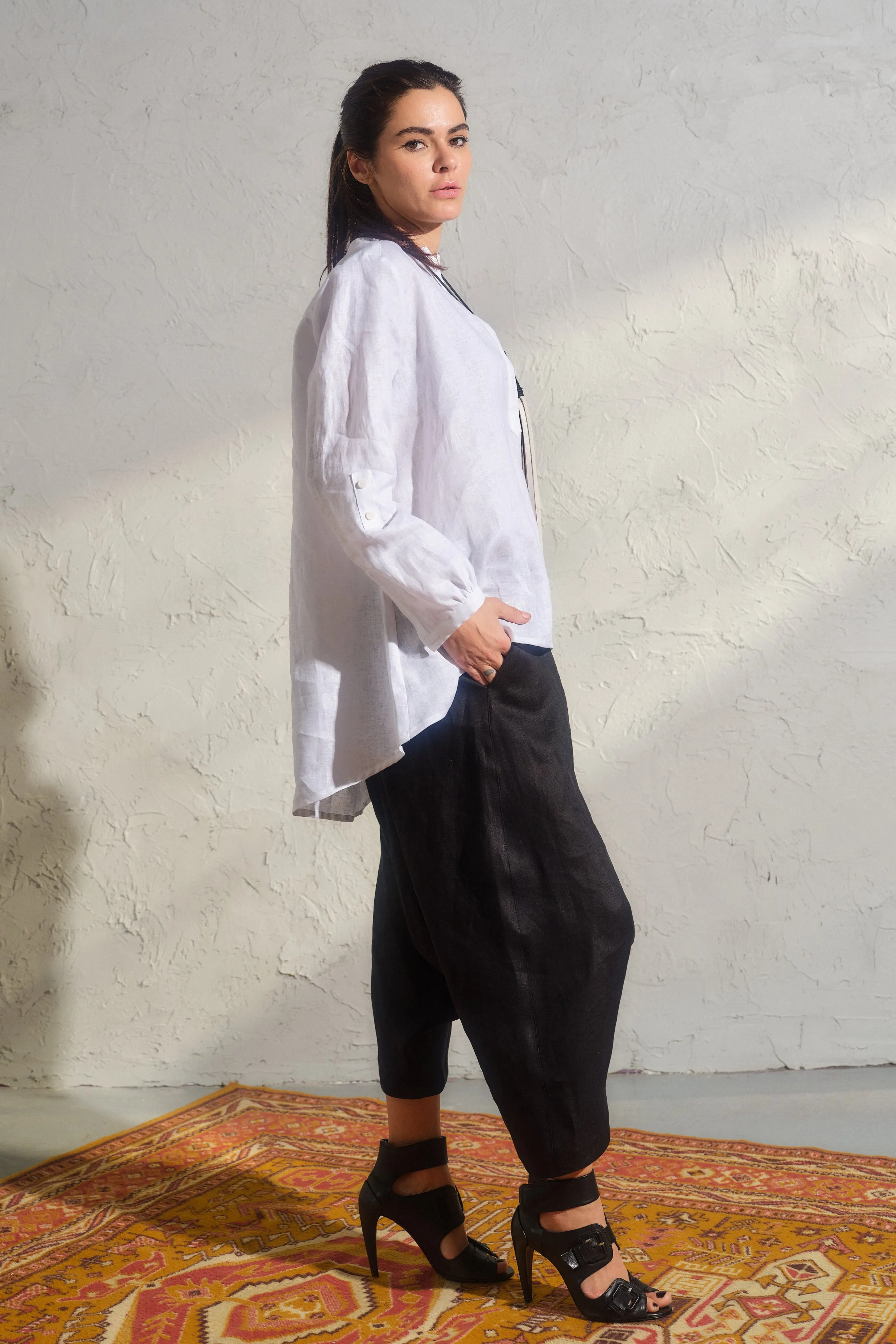 Black organic linen harem pants for women