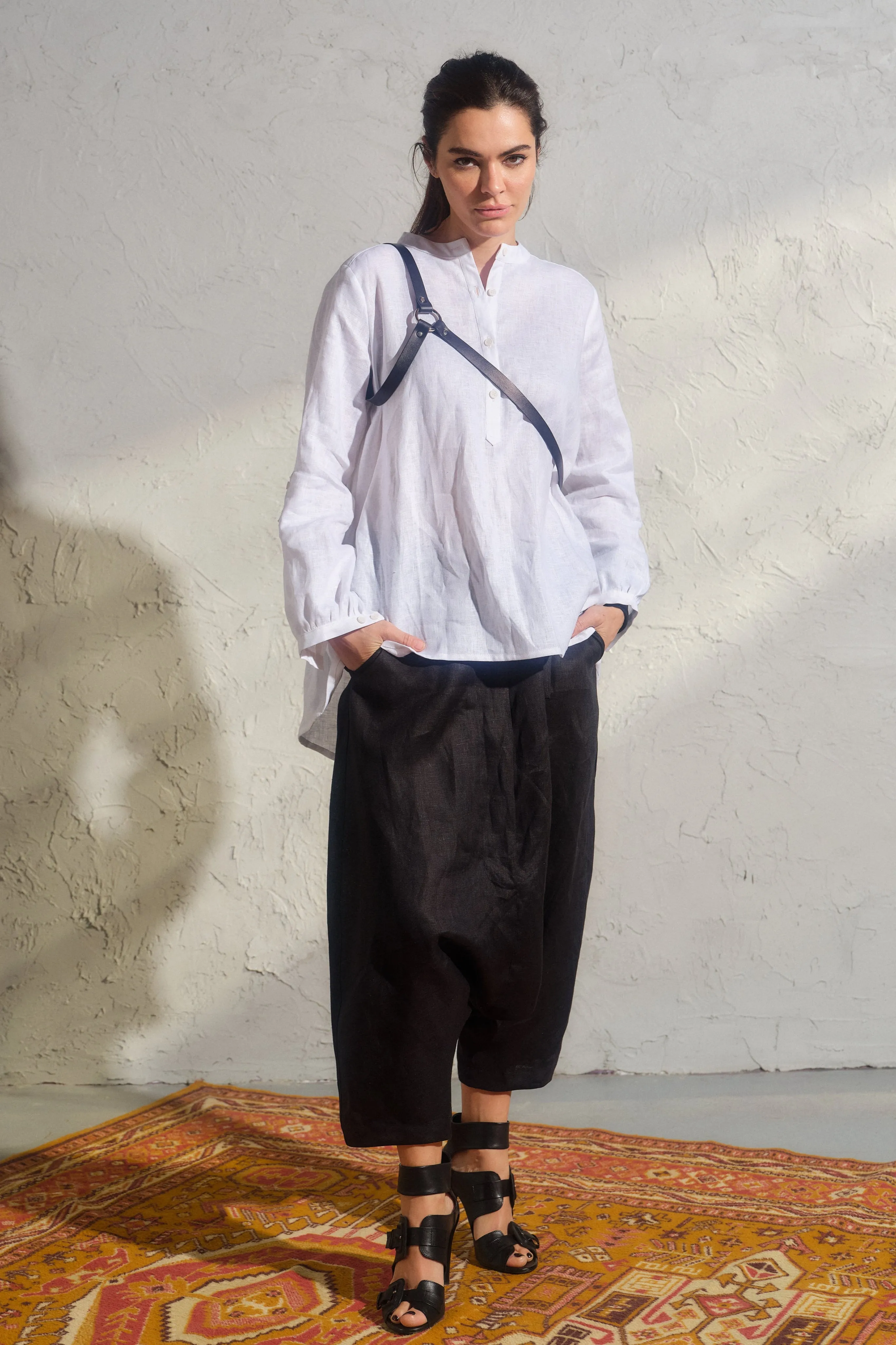 Black organic linen harem pants for women