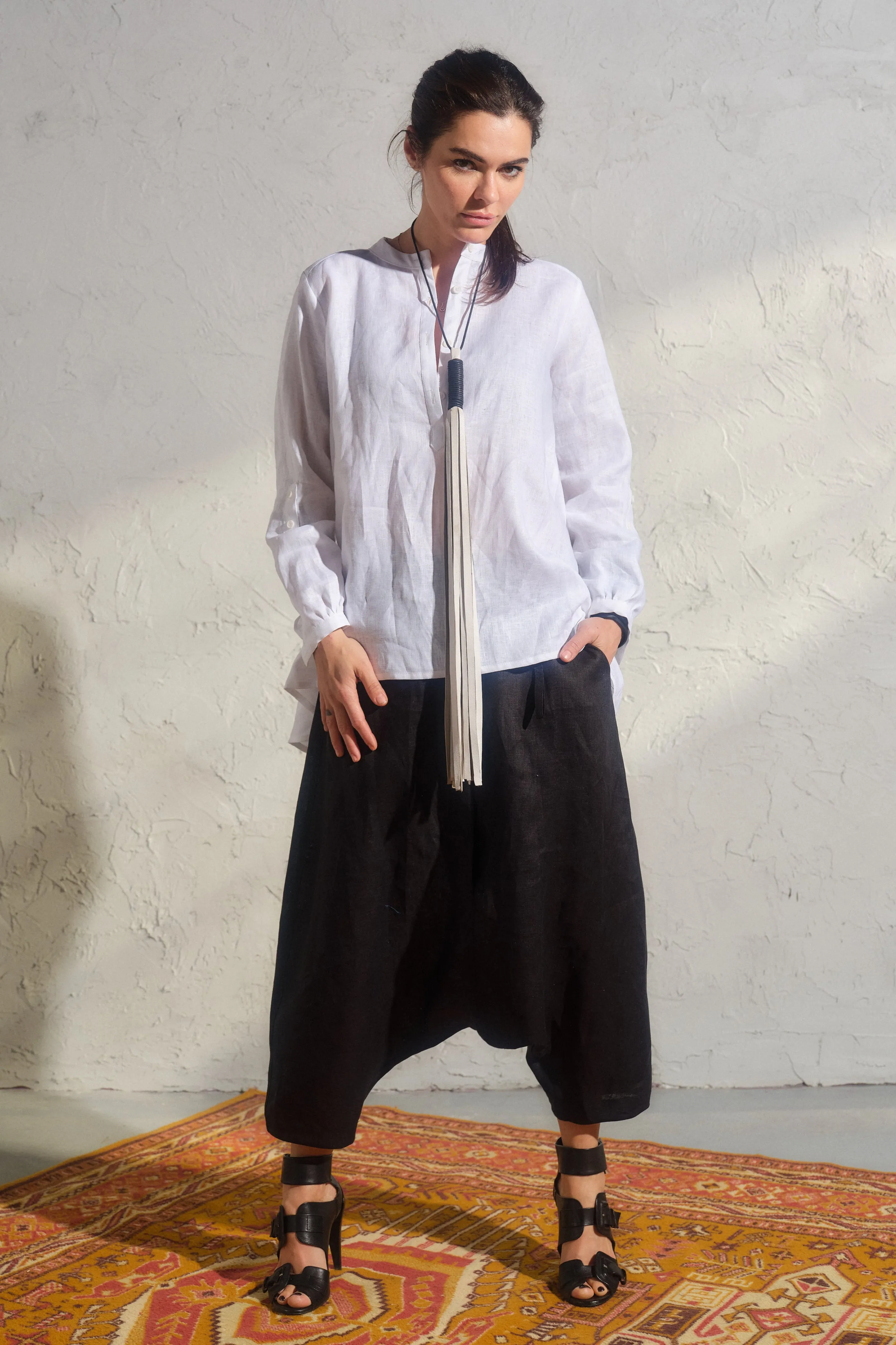 Black organic linen harem pants for women