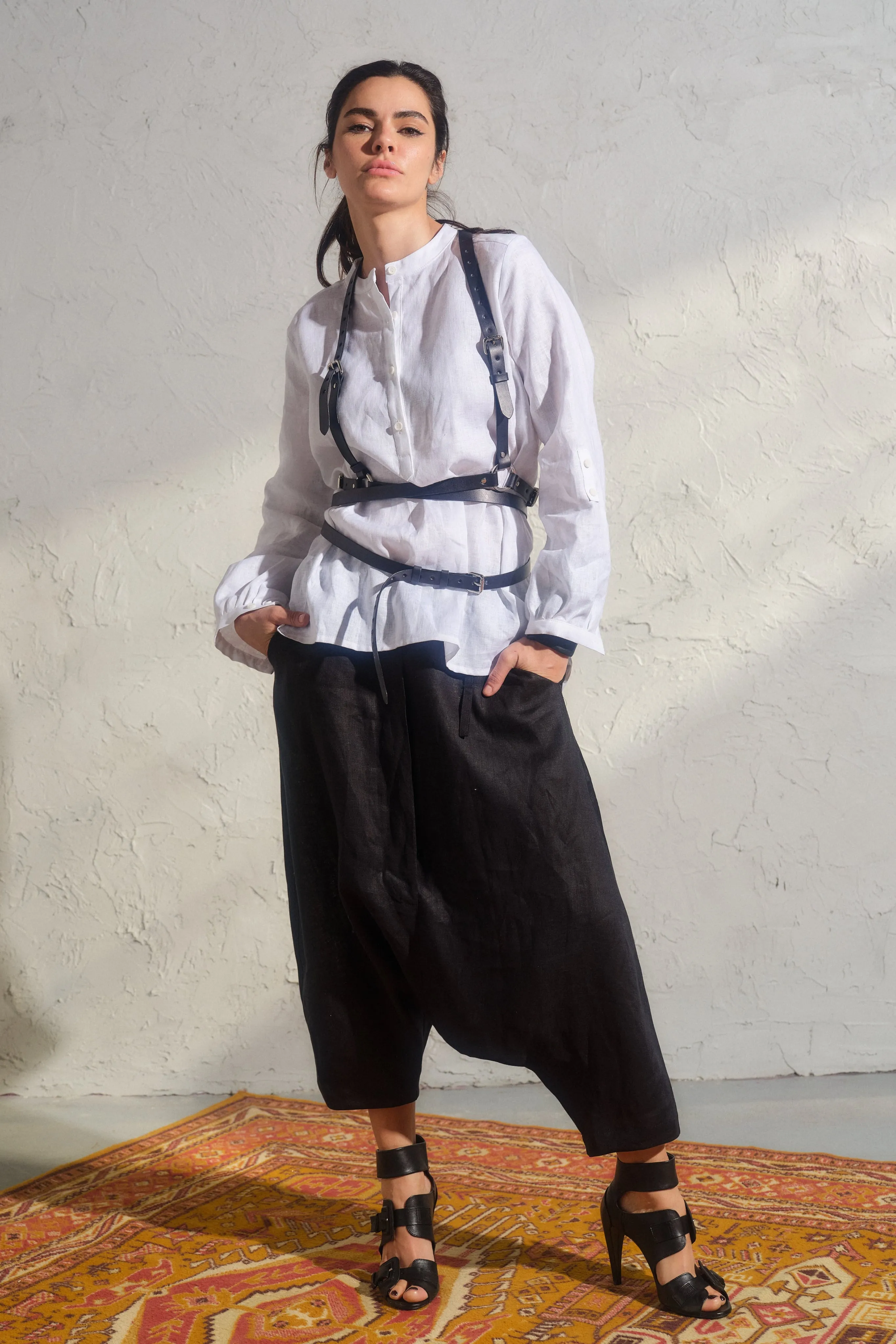 Black organic linen harem pants for women