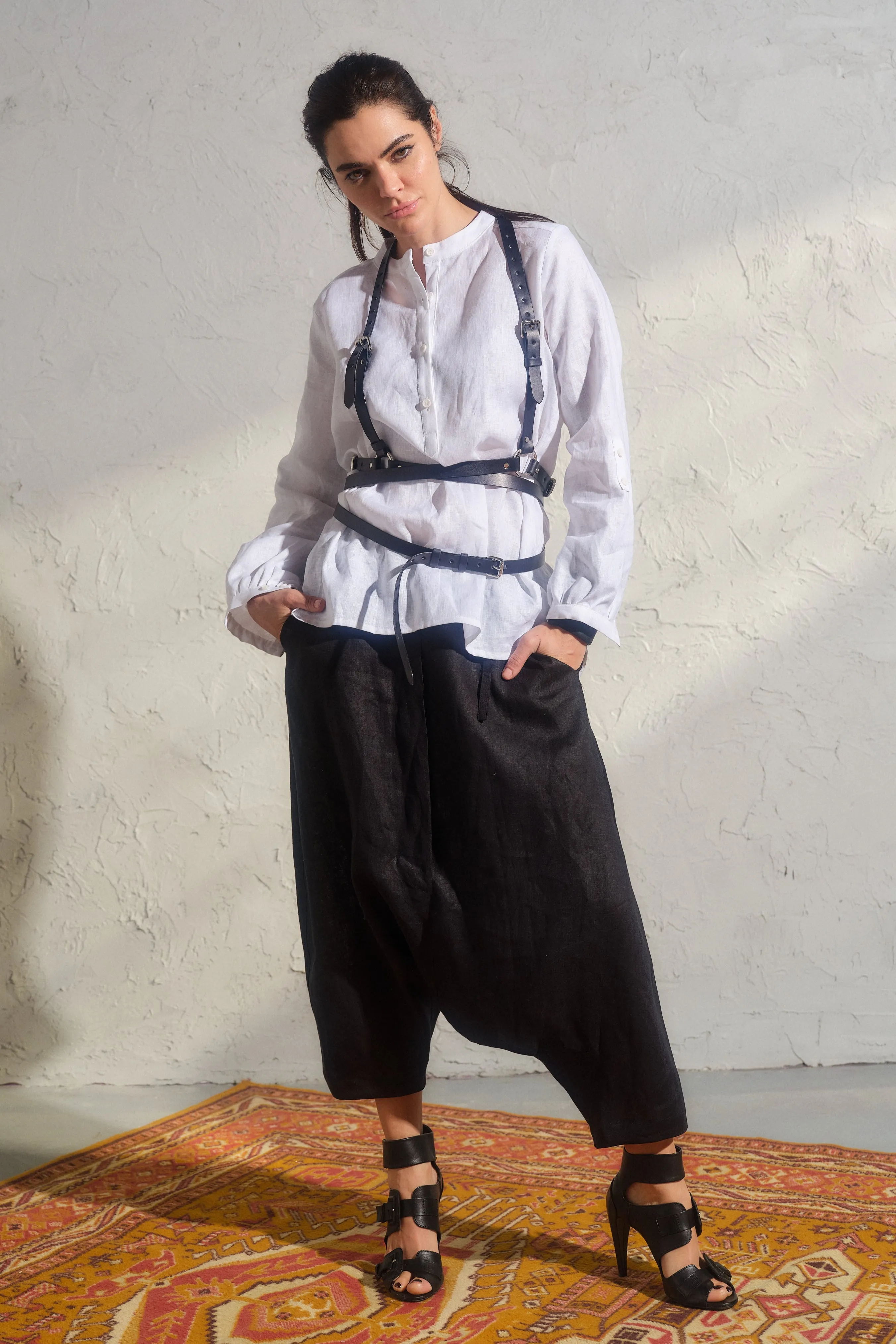 Black organic linen harem pants for women