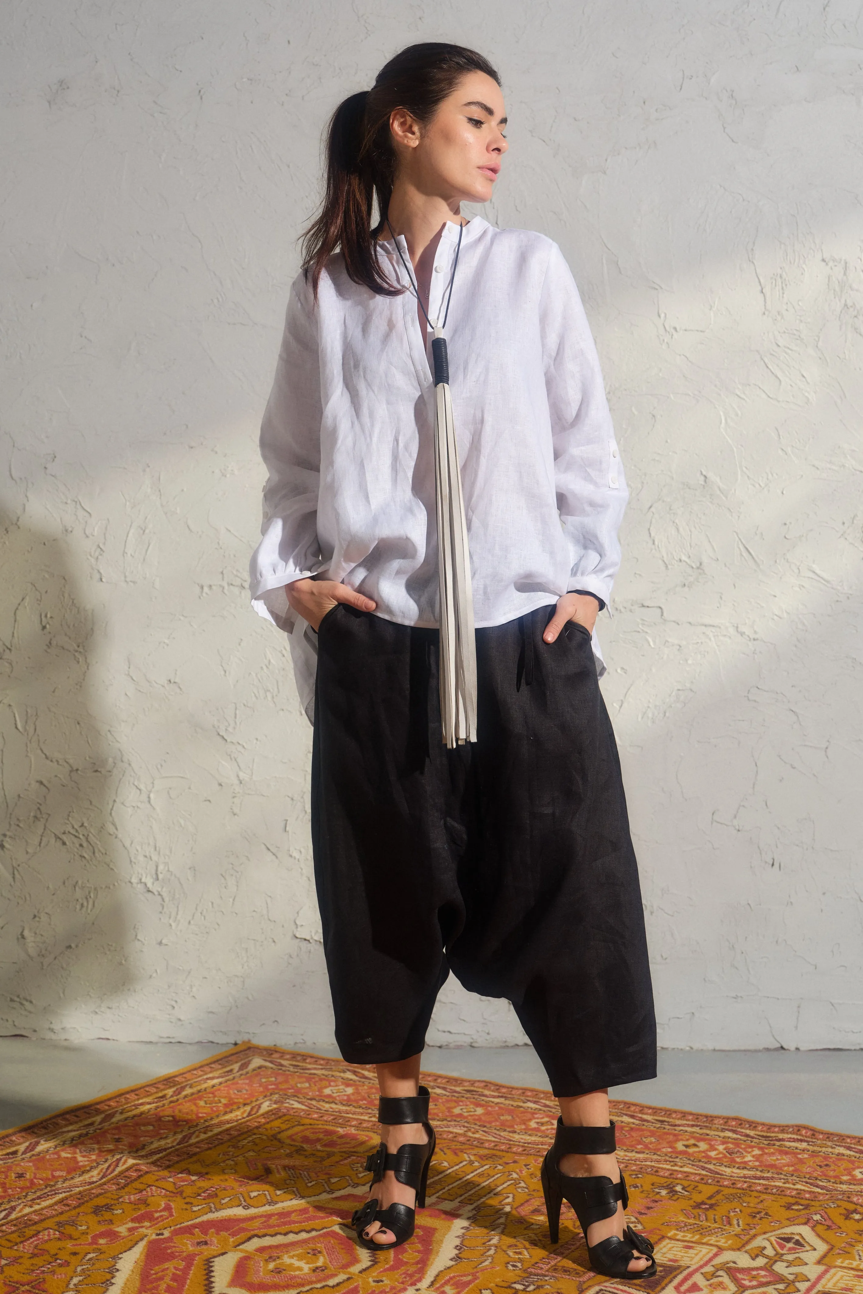 Black organic linen harem pants for women
