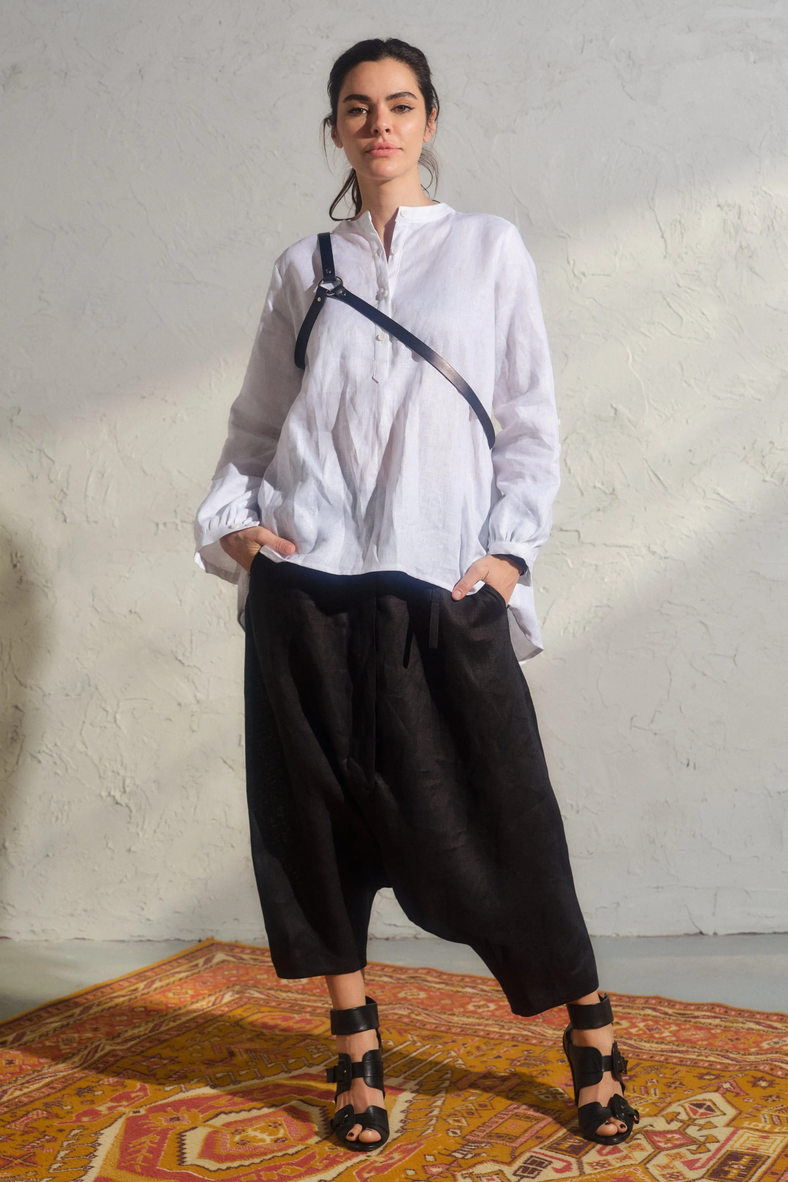 Black organic linen harem pants for women