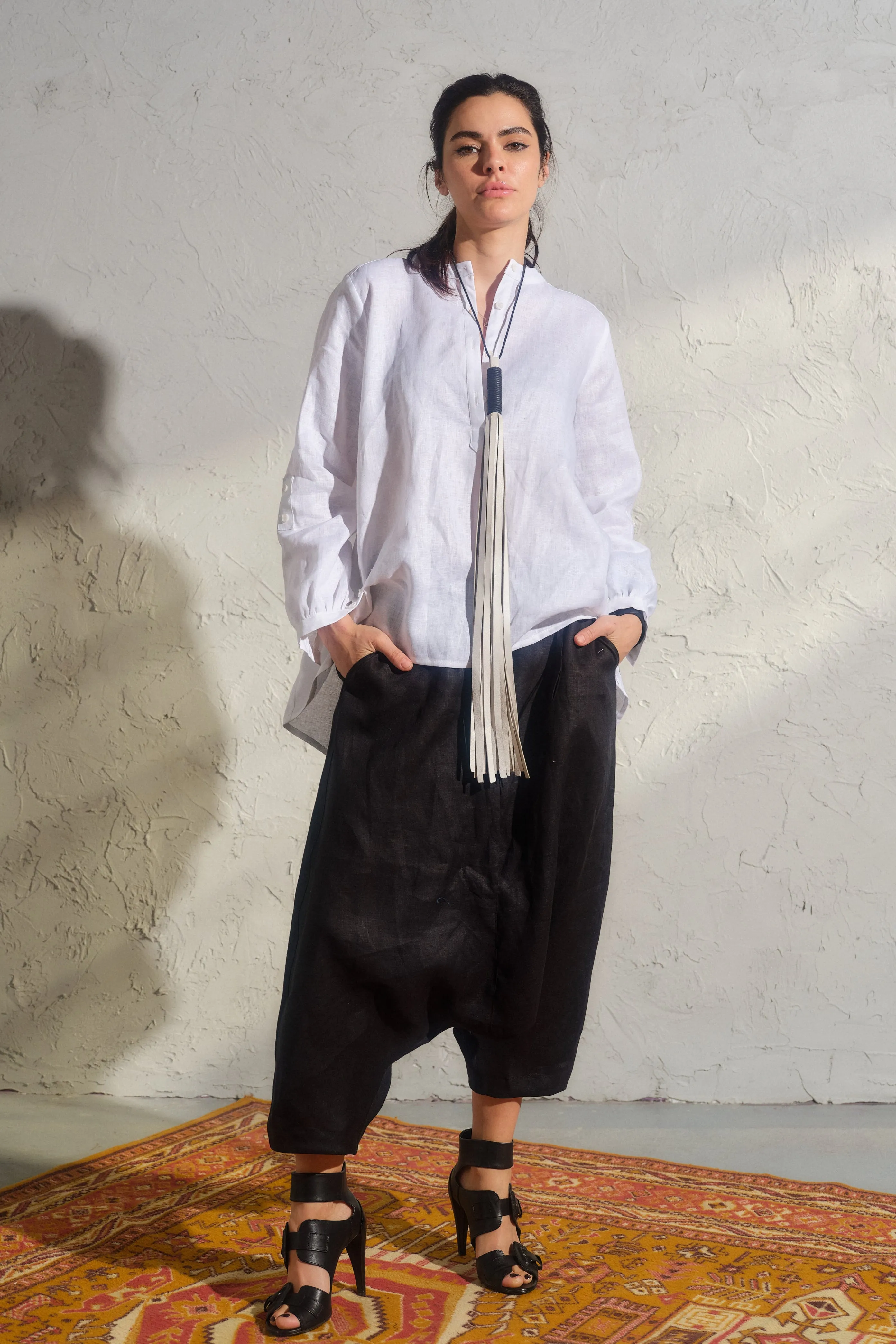 Black organic linen harem pants for women