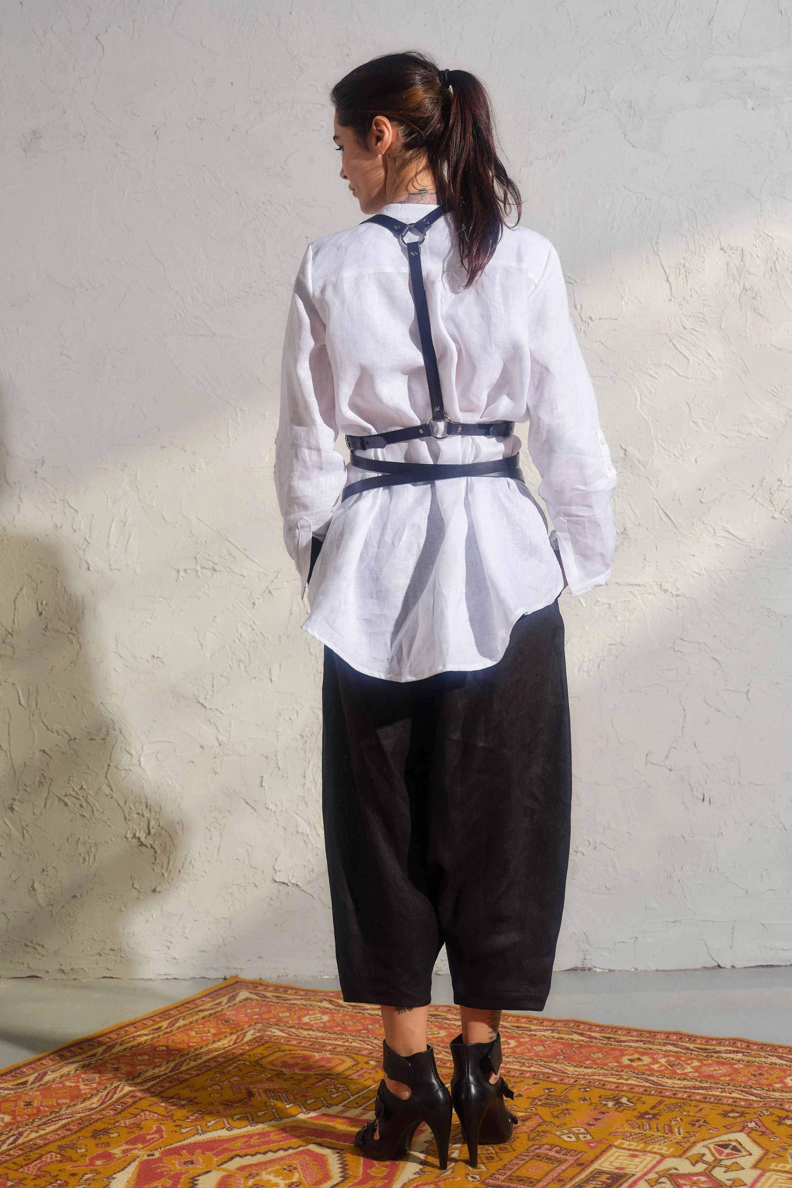 Black organic linen harem pants for women