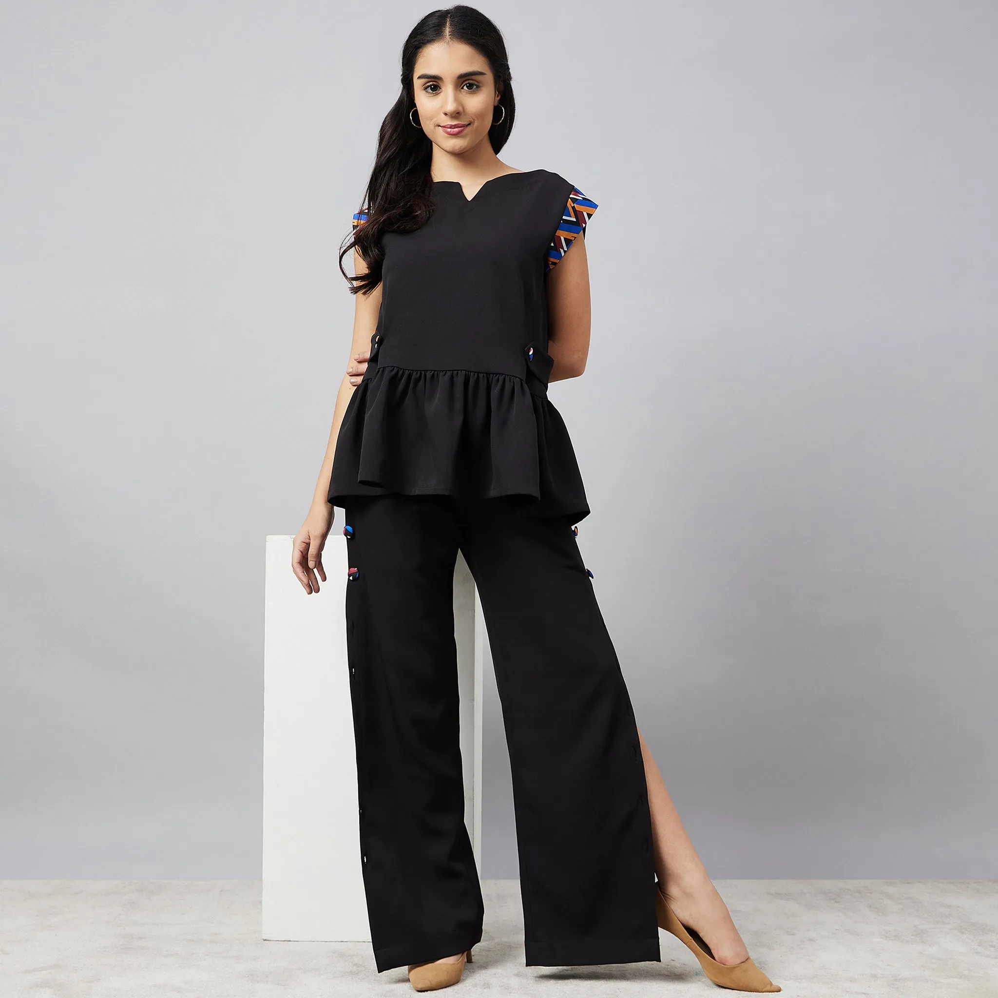 Black Peplum Top and Button Down Straight Pants Set