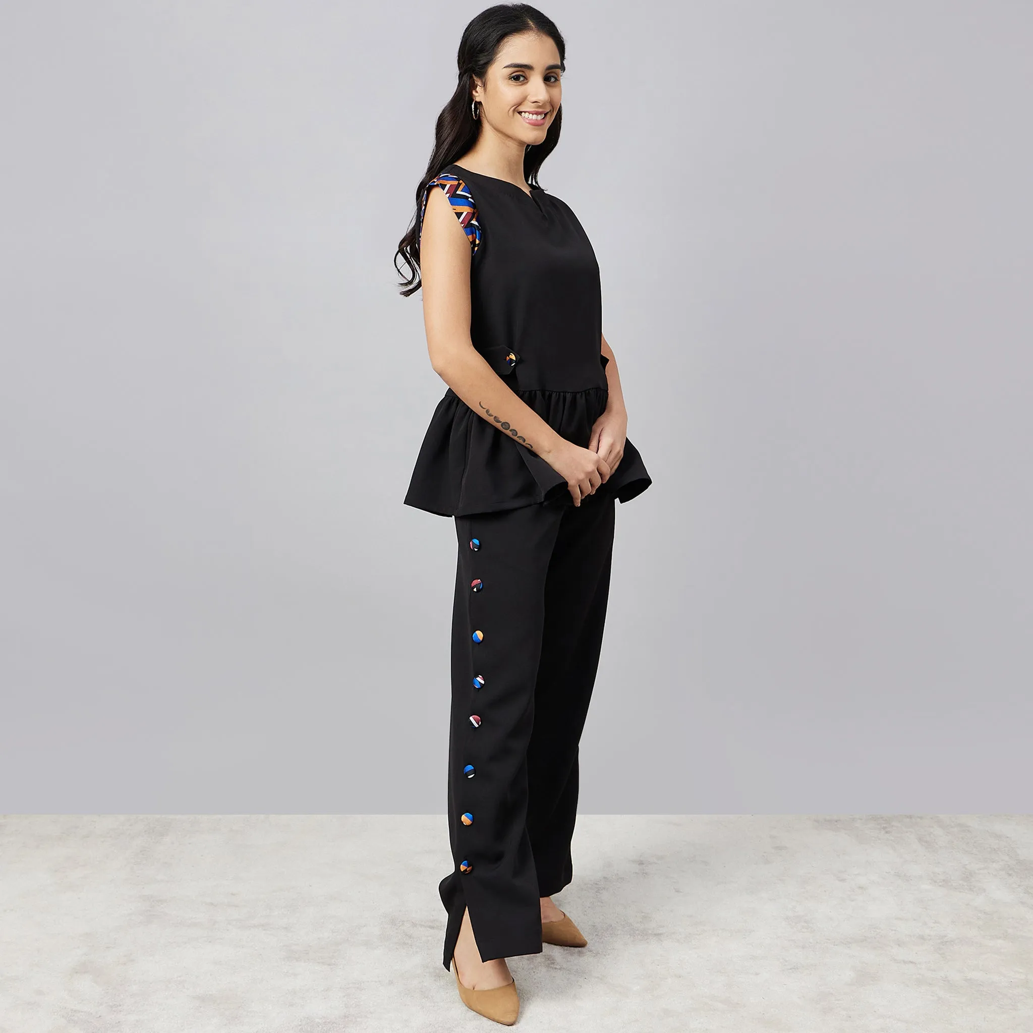 Black Peplum Top and Button Down Straight Pants Set
