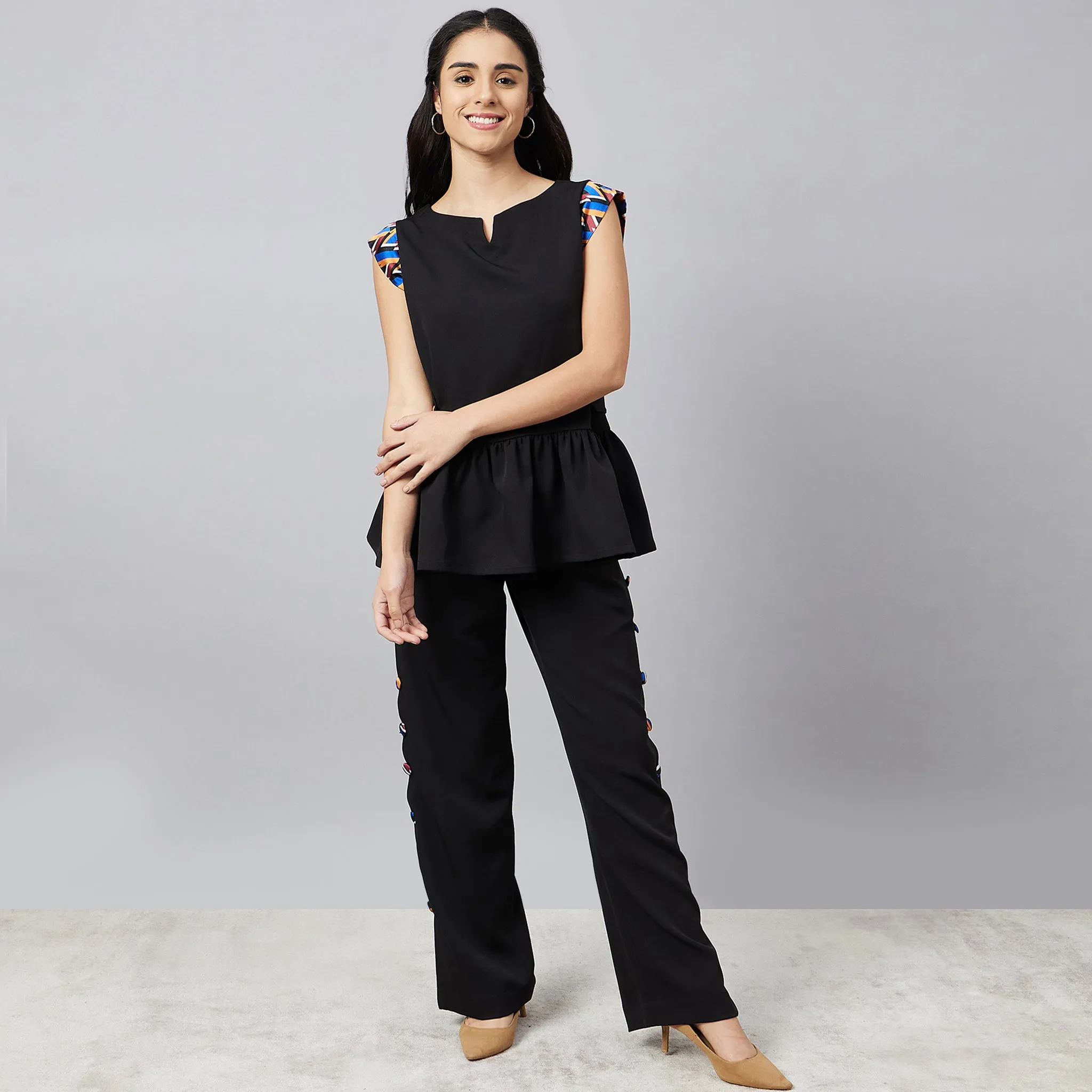 Black Peplum Top and Button Down Straight Pants Set