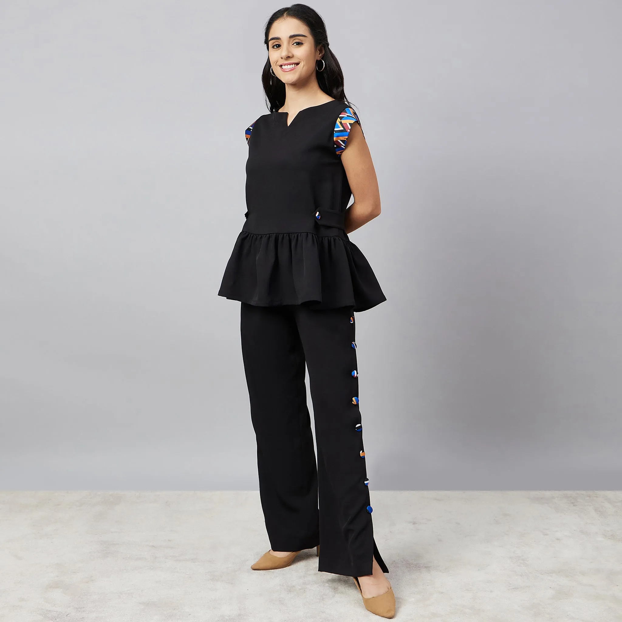Black Peplum Top and Button Down Straight Pants Set