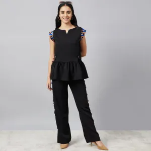 Black Peplum Top and Button Down Straight Pants Set