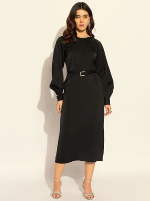 Black Polyester Chic Semi-Fitted Midi Dress