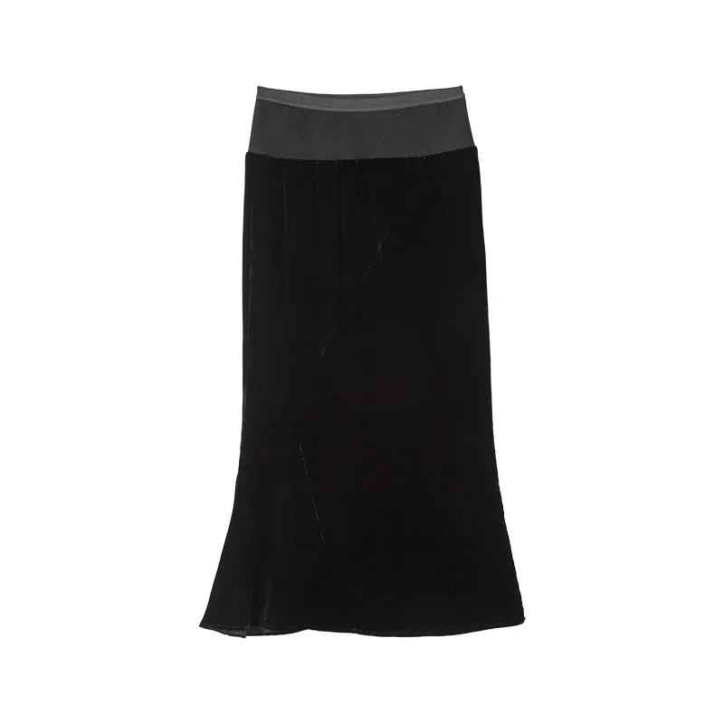 Black Silk Velvet Fishtail Skirt