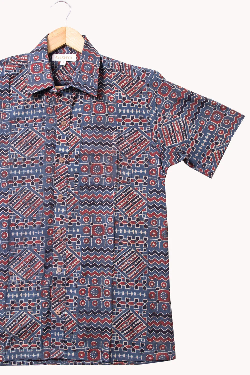 Blue Half Sleeve Ajrakh Printed Cotton Mens Shirt 10071099