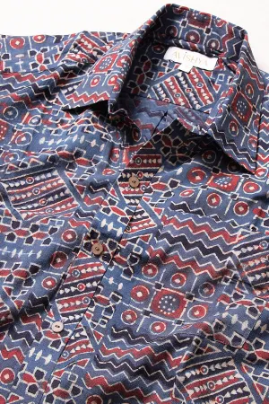Blue Half Sleeve Ajrakh Printed Cotton Mens Shirt 10071099