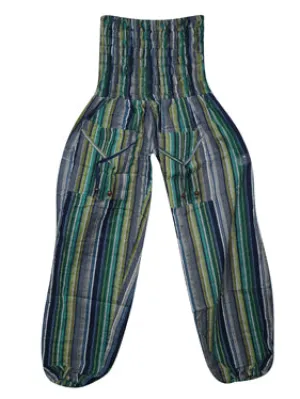 Boho Hippie Pants, Hippie Cotton Green Blue Harem Pants, Handmade Stripe Pants S/M/L