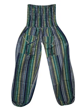 Boho Hippie Pants, Hippie Cotton Green Blue Harem Pants, Handmade Stripe Pants S/M/L