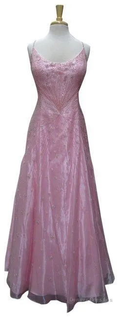 Chic A Line Spaghetti Straps Pink Long Evening Dress Beads Long Prom Dresses