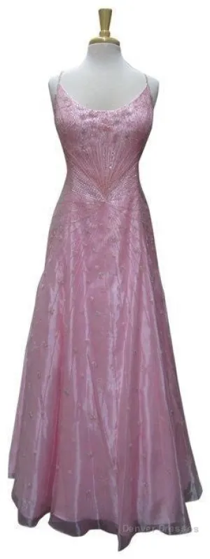 Chic A Line Spaghetti Straps Pink Long Evening Dress Beads Long Prom Dresses