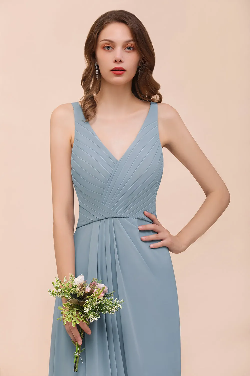 Chic A-Line V-Neck Sleeveless Ruched Chiffon Long Bridesmaid Dress