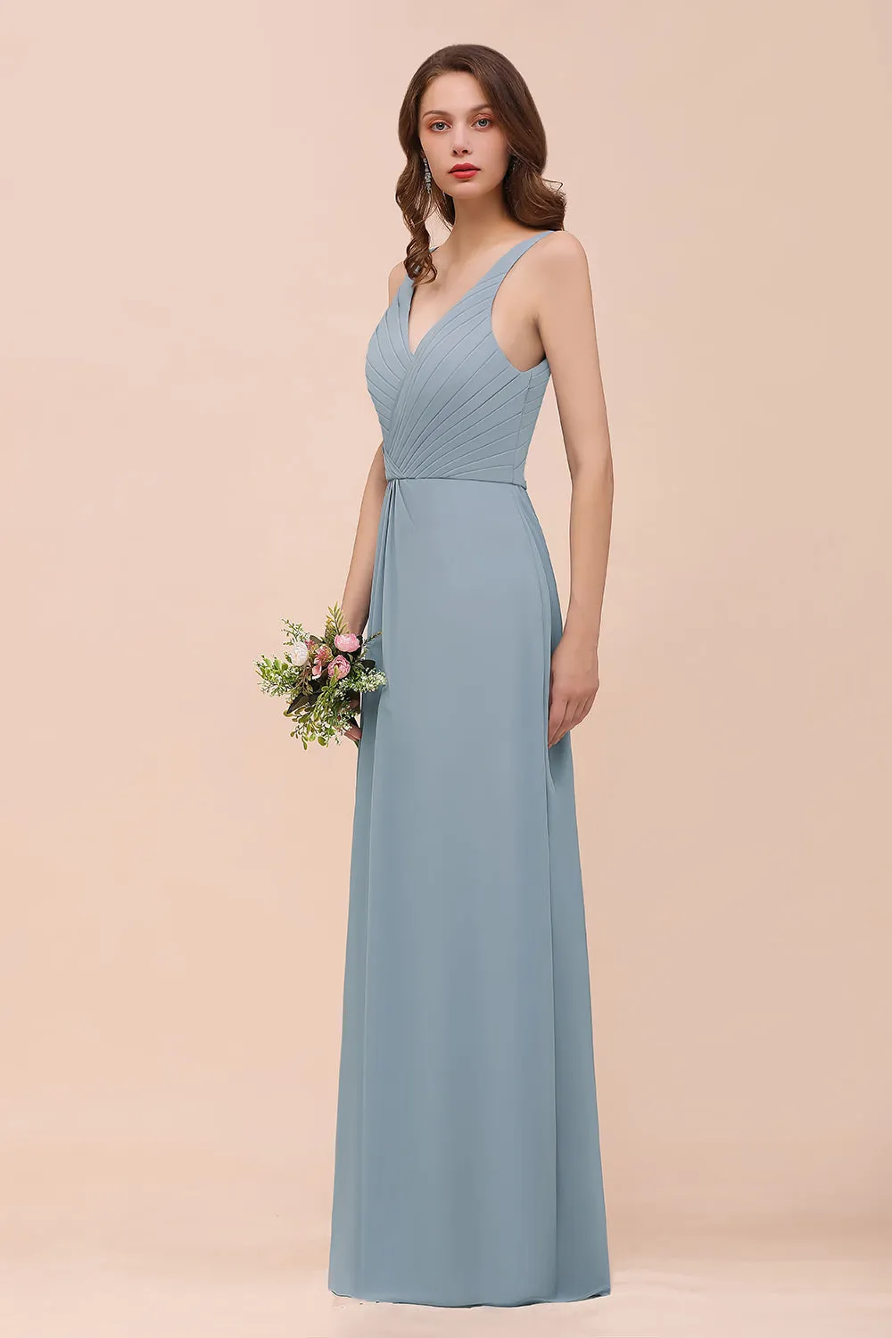 Chic A-Line V-Neck Sleeveless Ruched Chiffon Long Bridesmaid Dress