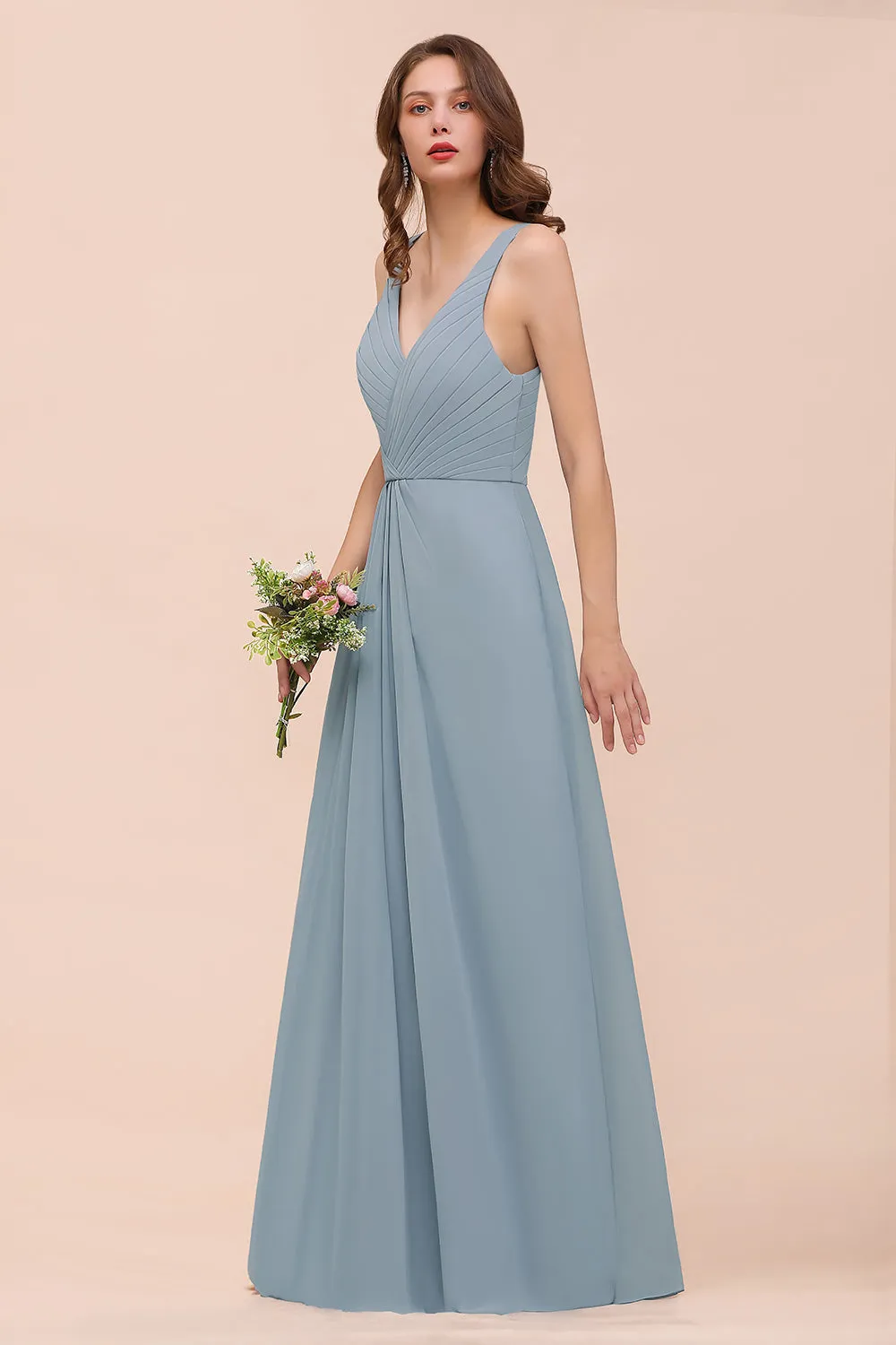 Chic A-Line V-Neck Sleeveless Ruched Chiffon Long Bridesmaid Dress