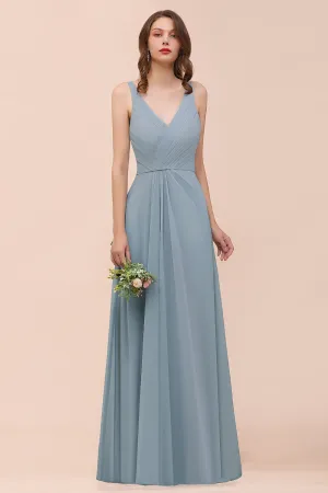 Chic A-Line V-Neck Sleeveless Ruched Chiffon Long Bridesmaid Dress