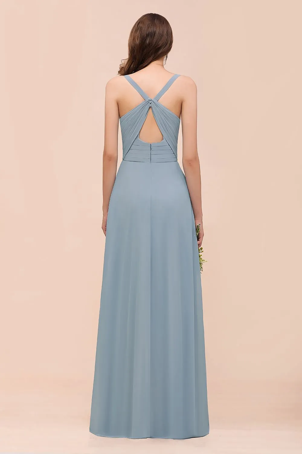 Chic A-Line V-Neck Sleeveless Ruched Chiffon Long Bridesmaid Dress