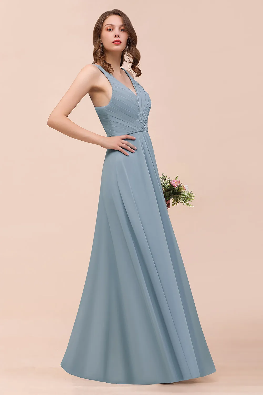 Chic A-Line V-Neck Sleeveless Ruched Chiffon Long Bridesmaid Dress