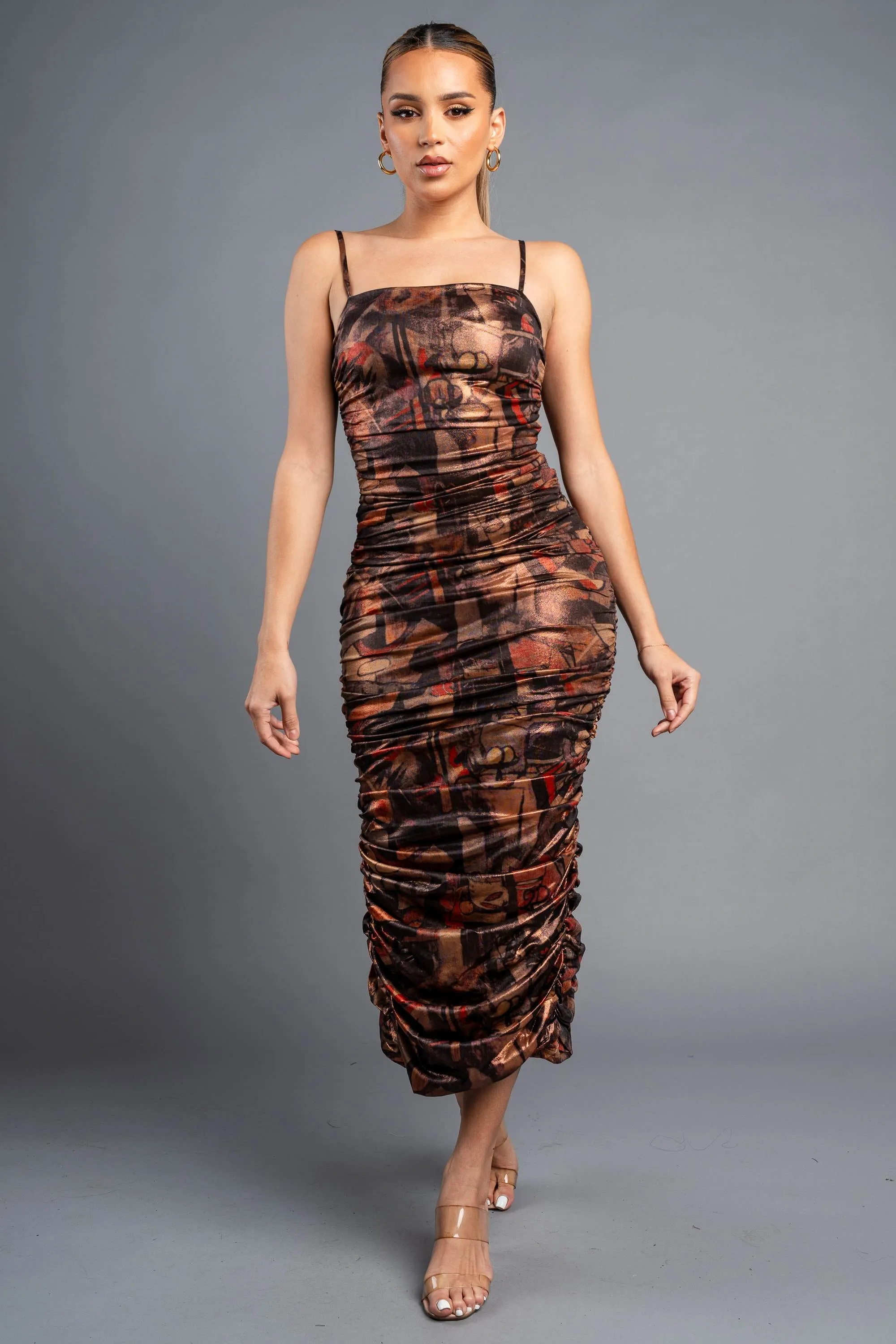CHIC ABSTRACT PRINT FOILED RUCHED MIDI DRESS