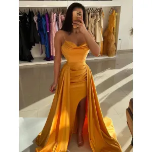Chic & Modern A-line Sweetheart Pleats Satin Simple Long Foemal Prom Dress